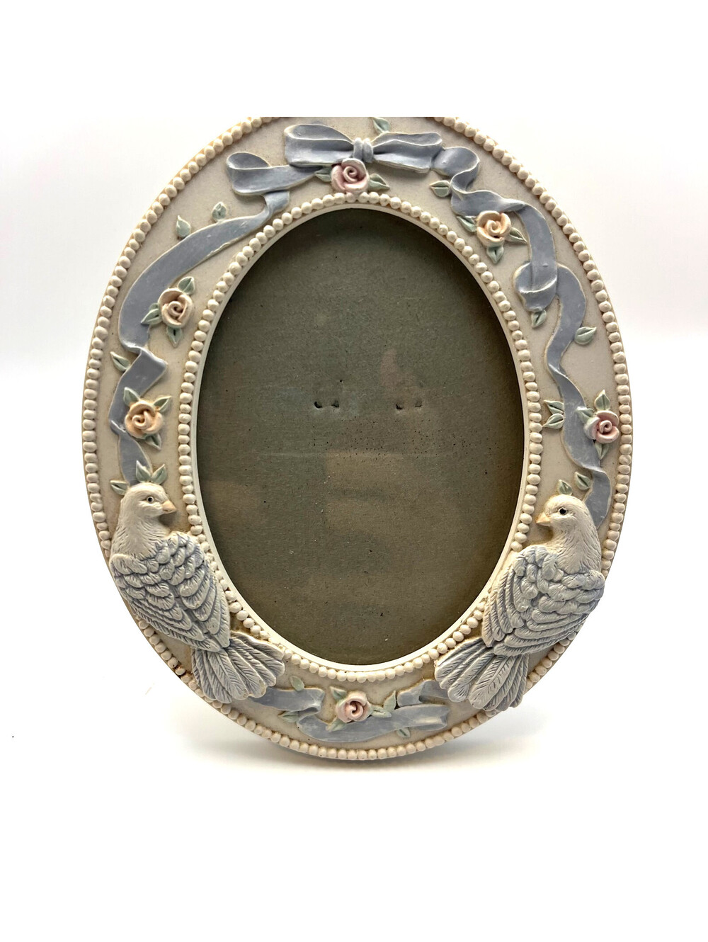 Vintage Oval Bird Rose Picture Frame Blue Ribbon Doves Cottage Shabby Chic Decor